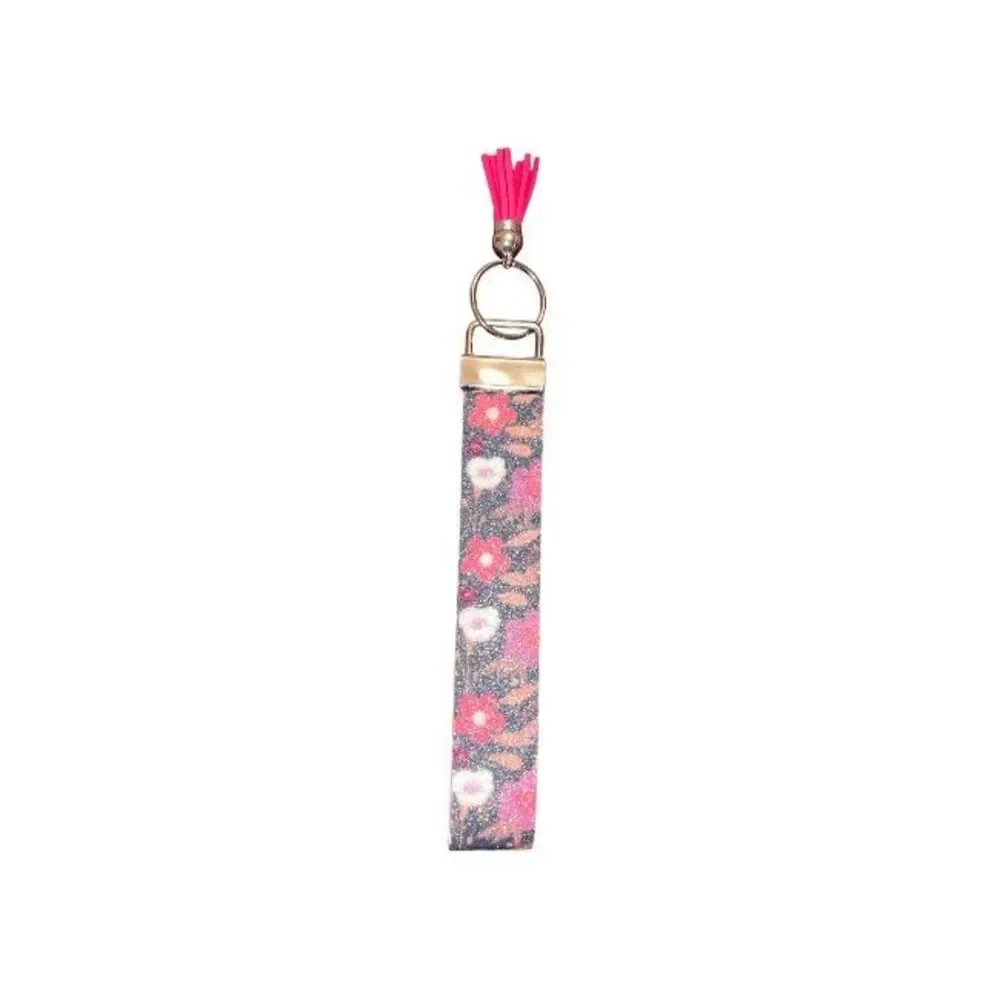 ☀️3/$9☀️ Glitter Floral Faux Leather Keychain with Pink Tassel